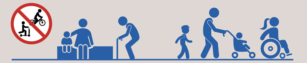 ictogramme des publics du sentier : personnes en fauteuil, avec poussette, public &acirc;g&eacute;. Pictogramme interdit aux v&eacute;los et trotinettes.